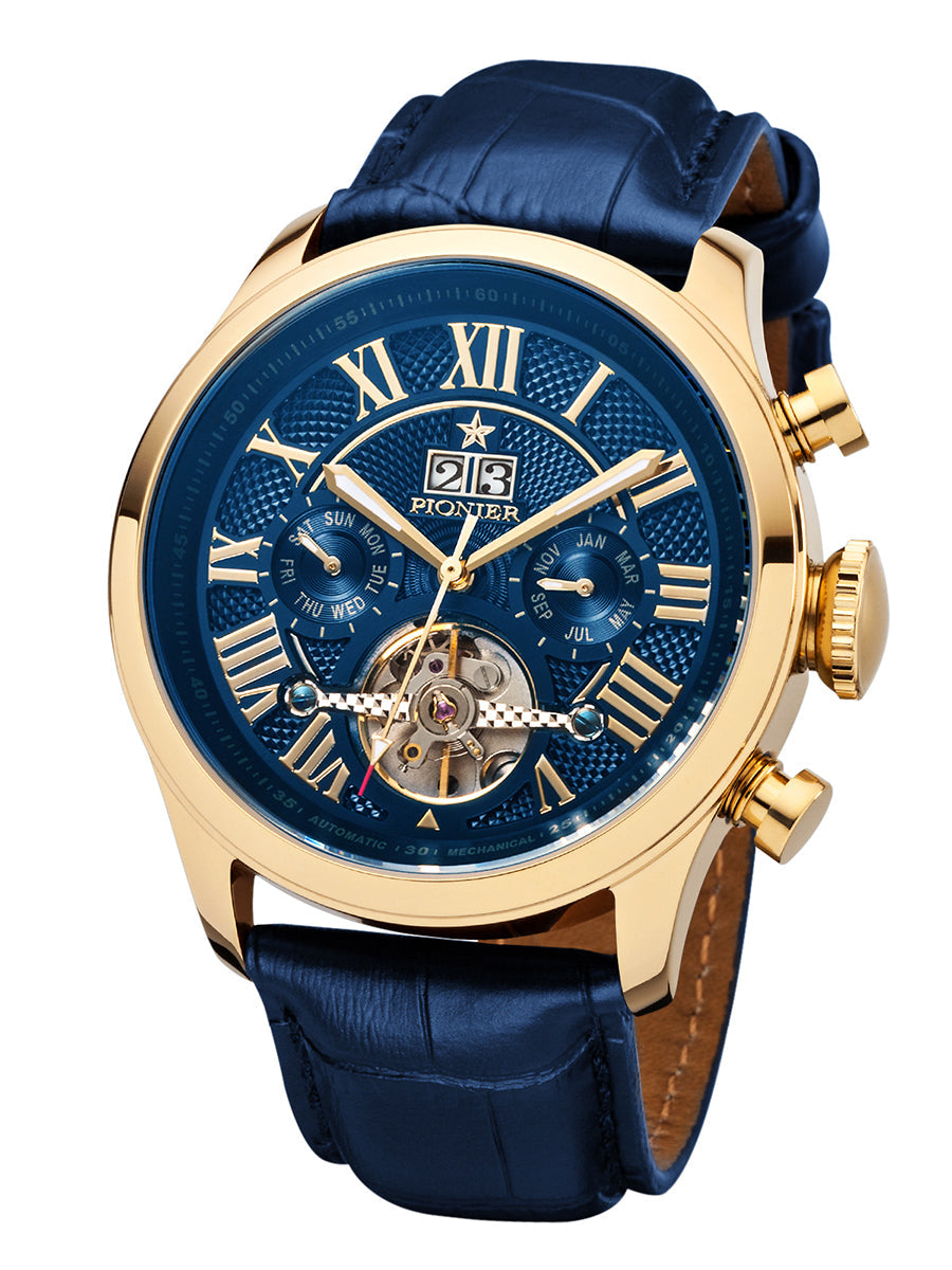 Blue dial with Roman numerals with gold color case.