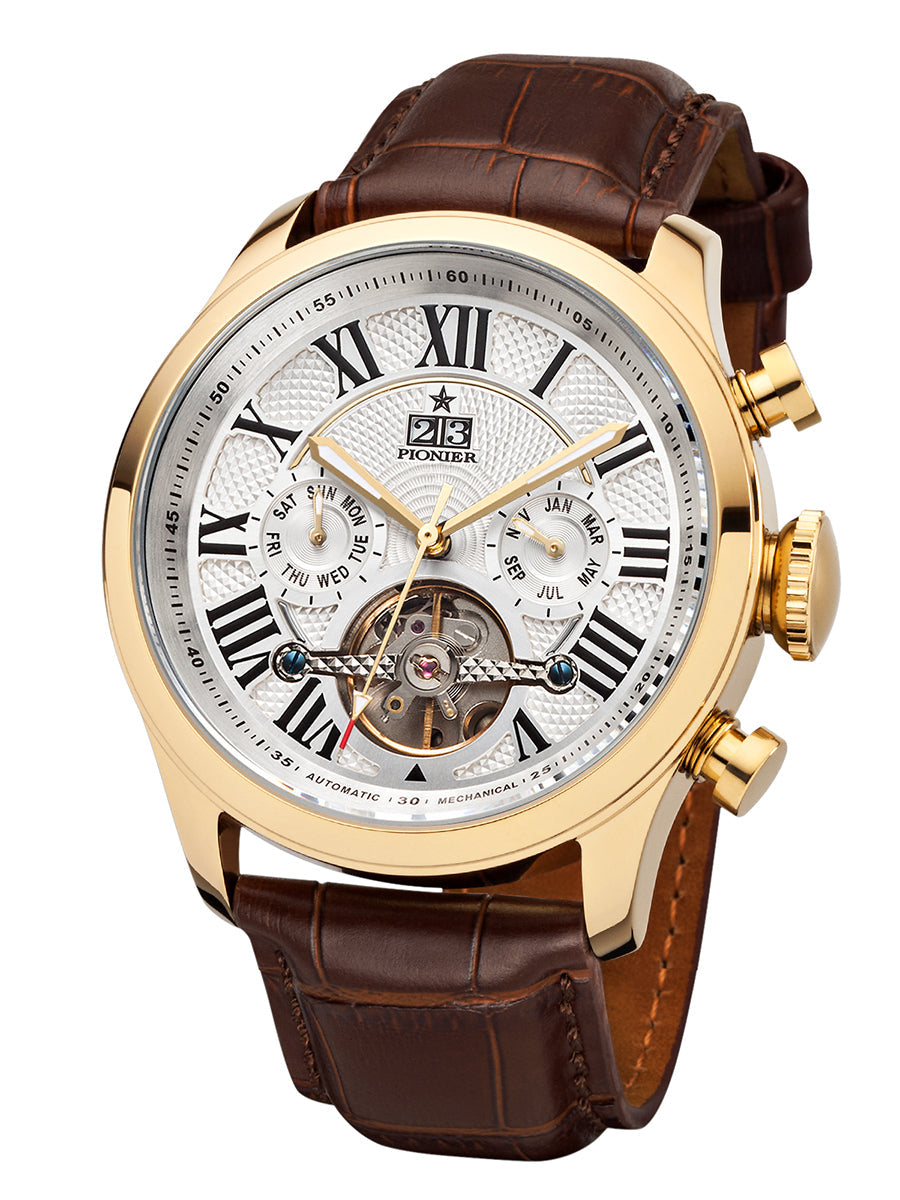 White dial with Roman numerals with gold color case.