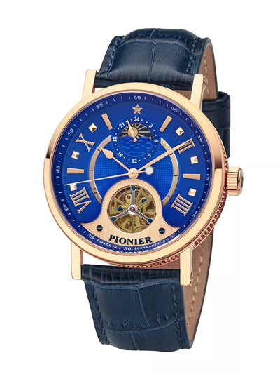 Boston Pionier GM-518-6 blue dial with rose case and blue leather band.