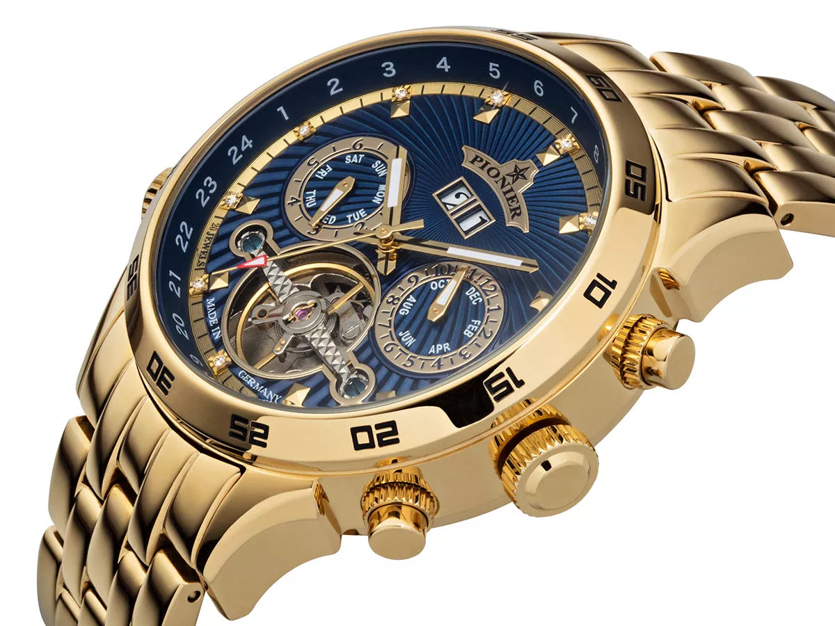 Blue dial with gold case and gold stainless steel with gold buttons.