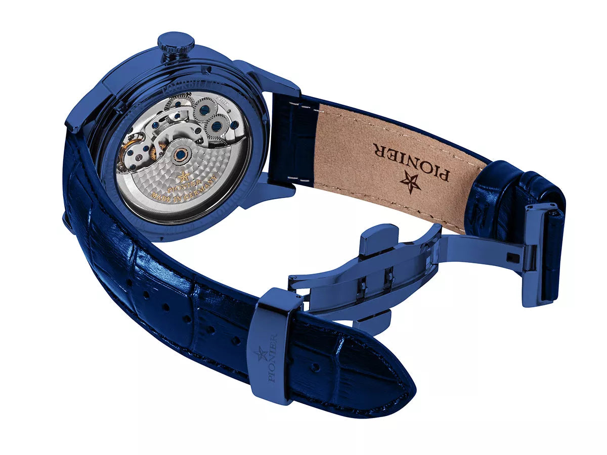 Open back case with silver color movement and deployment buckle for the blue leather band.