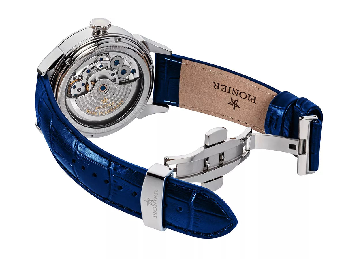 Open back case with silver color movement and deployment buckle for the blue leather band.