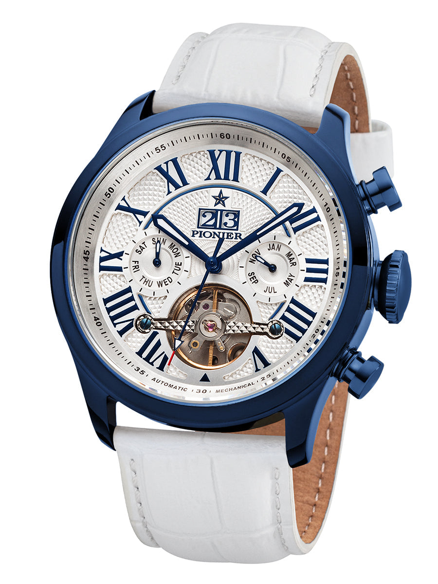 White dial with Roman numerals with blue case.