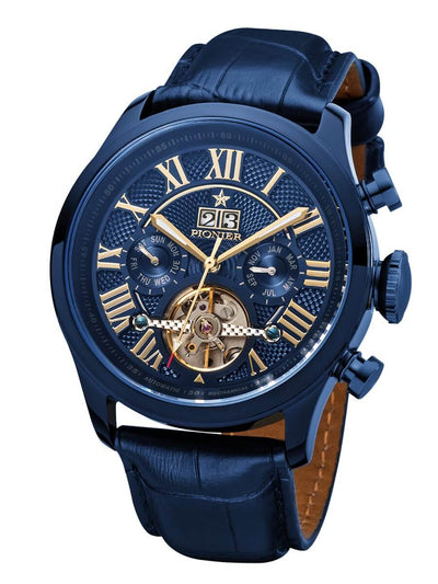 Automatic Havana P7001-6 with blue dial and gold roman numerals with blue case.