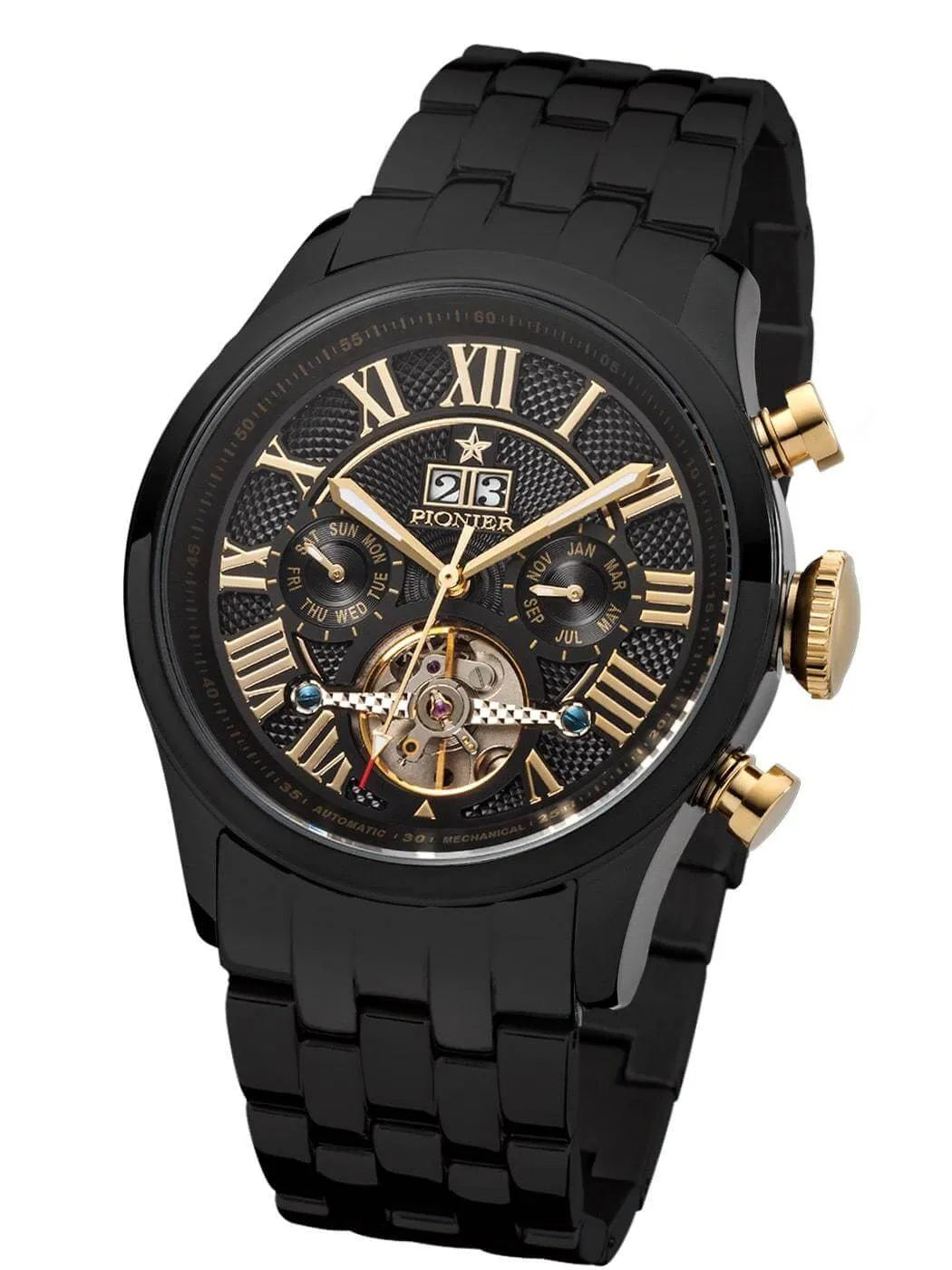 Black dial with Roman numerals with black case.