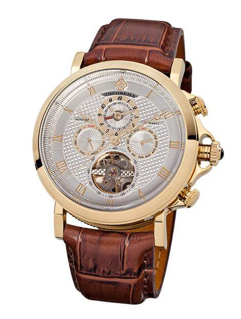 Automatic Macau T3011-11 Theorema white dial with gold case and brown leather.