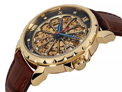 Side view of the London collection with brown leather band and gold case in a skeletonized dial.