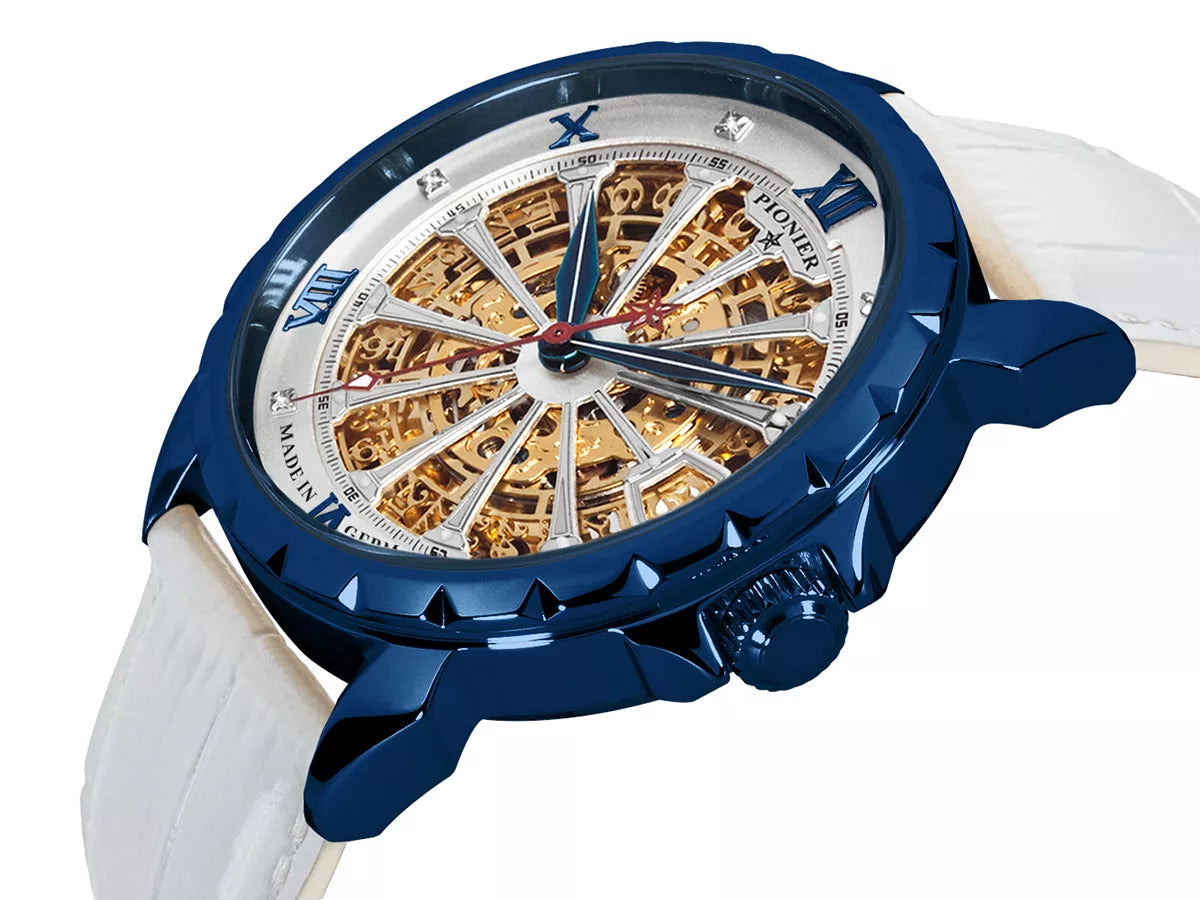 London watch collection with white leather band with blue case and skeletonized face
