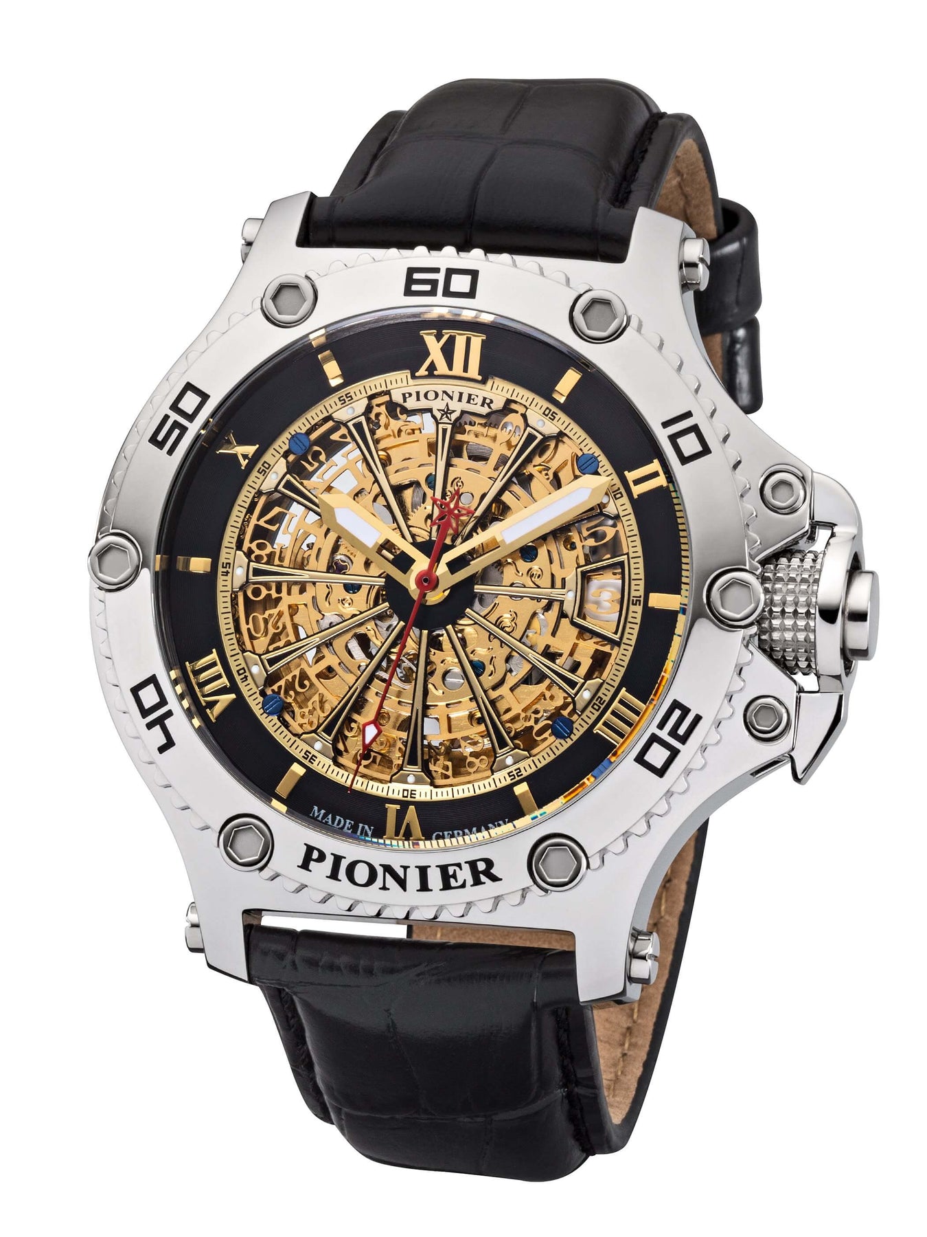 Barcelona Pionier GM-516-2 gold skeleton dial with silver case and black leather band.