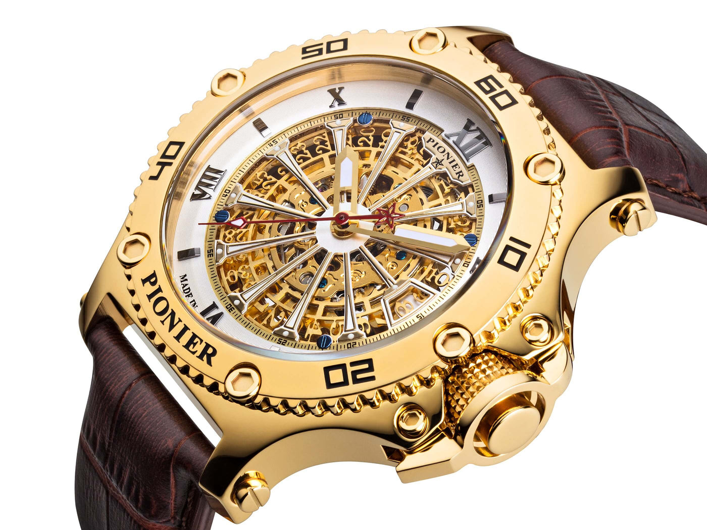 Arabic and Roman numerals mixed with a date function and gold color crown.