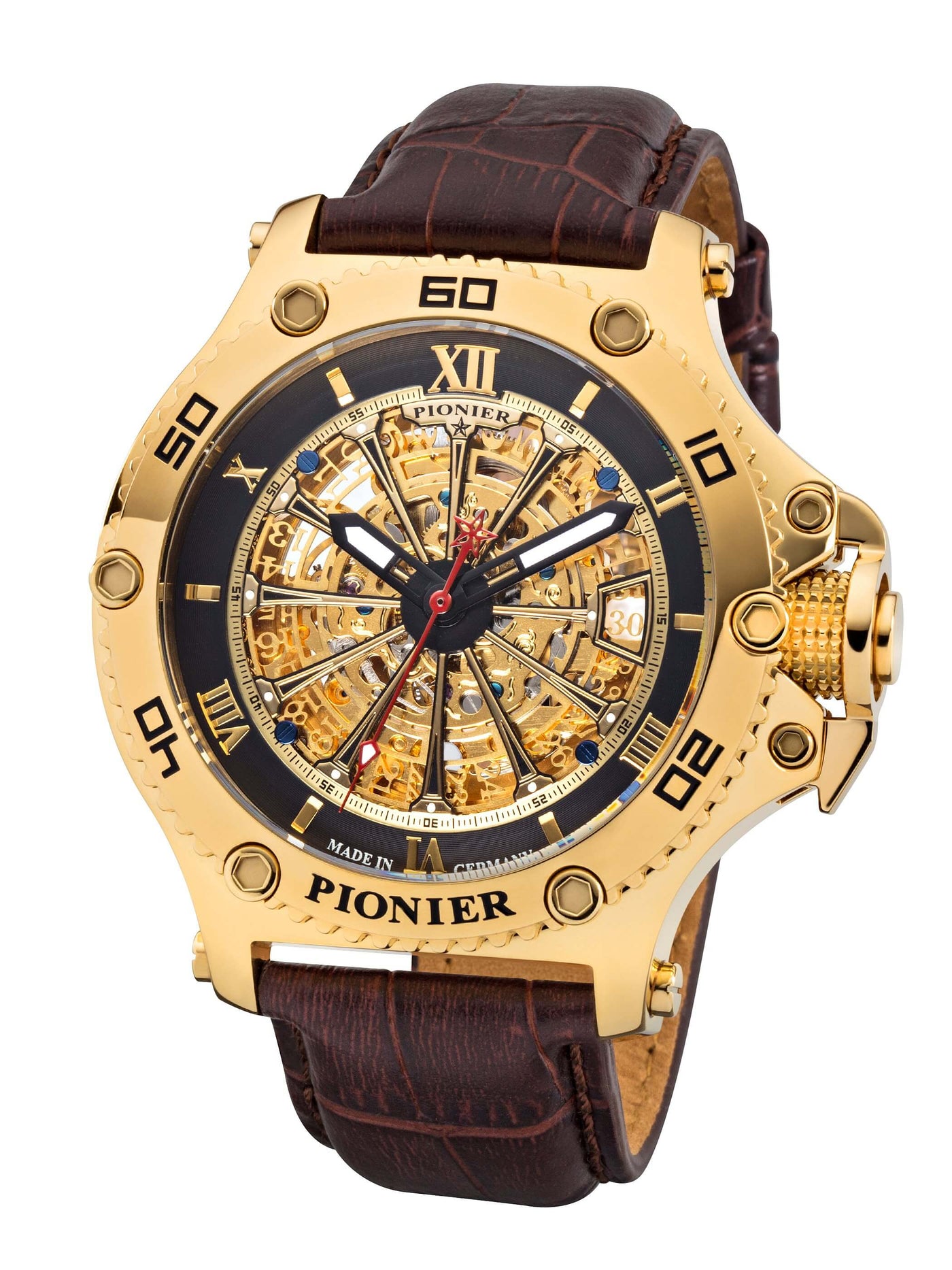 Barcelona Pionier GM-516-4 gold skeleton dial with gold case and brown leatherl band.