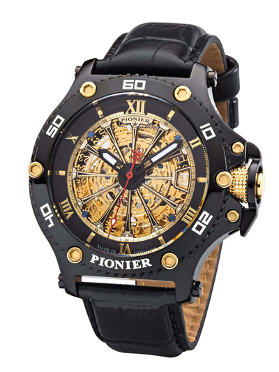 Barcelona Pionier GM-516-5 gold skeleton dial with black case and black leather band.