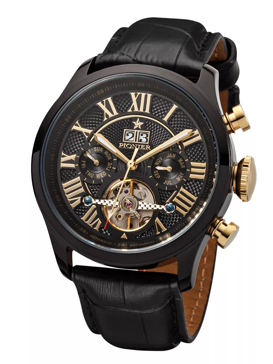 Automatic black face, black dial, black leather watch