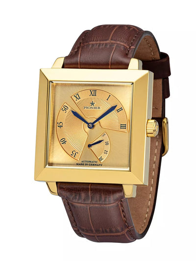 Gold dial with brown leather band and gold case.
