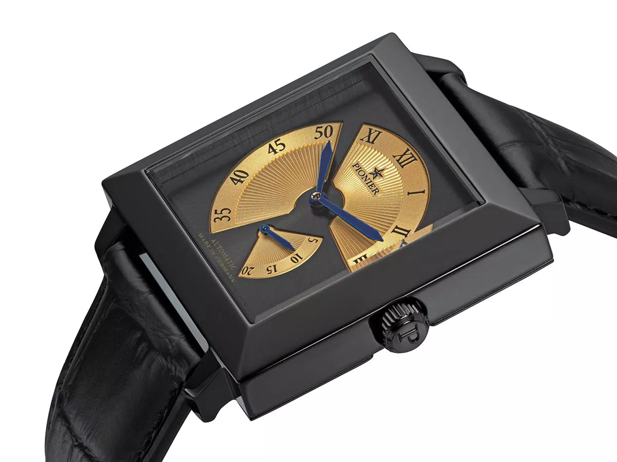 Quadratic watch with mix Roman and Arabic numerals and blue hands.