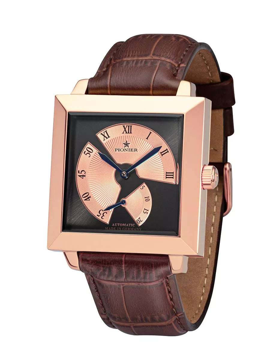 Black and rose dial with brown leather band and rose case.