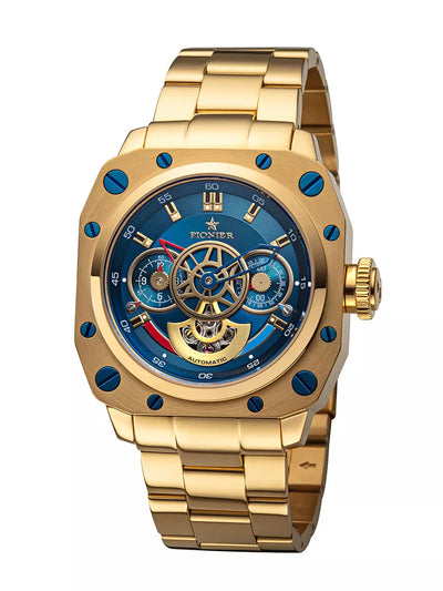 Blue dial with gold case and gold stainless steel band.