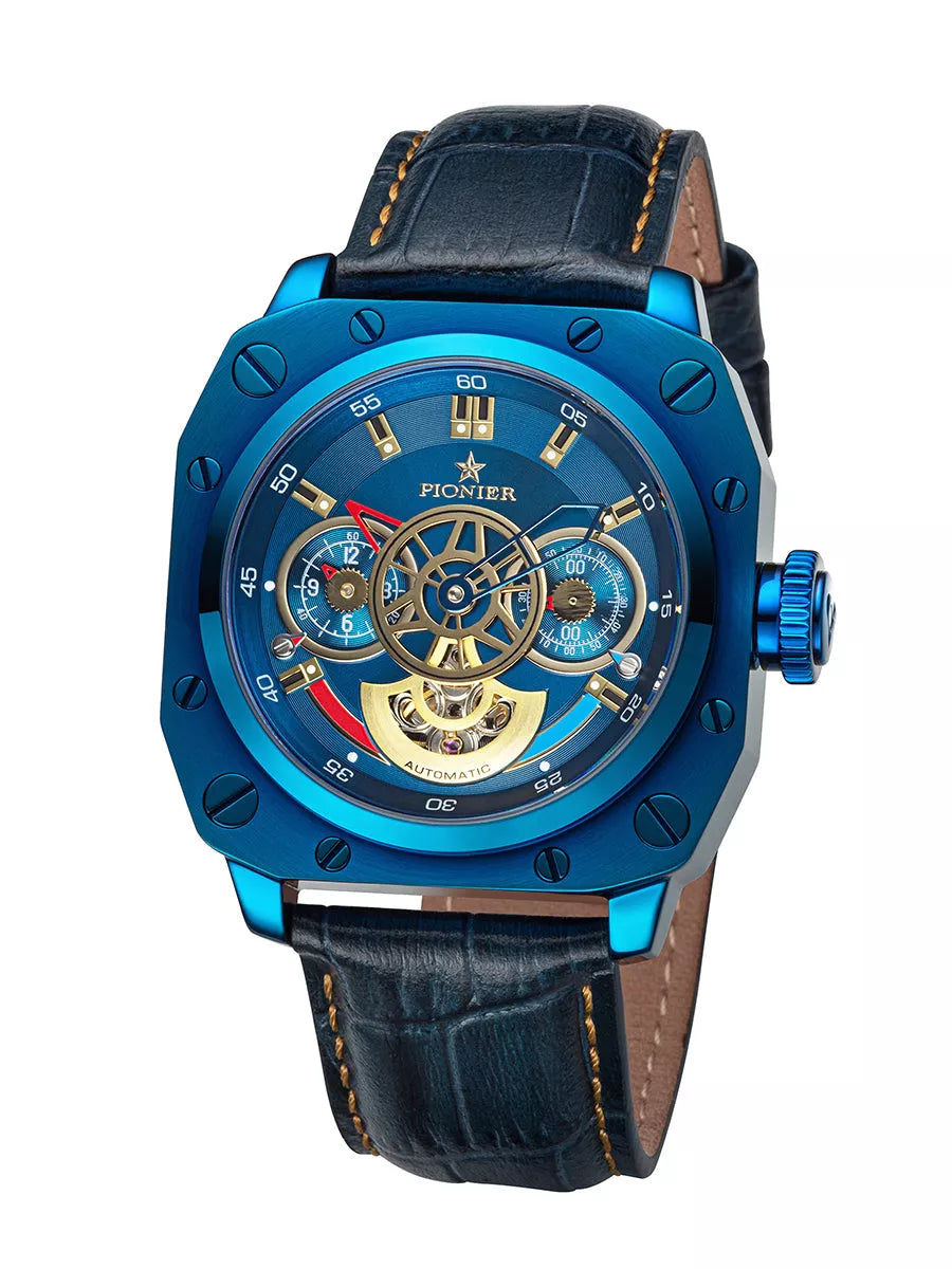 Blue dial with blue case and genuine blue leather band.
