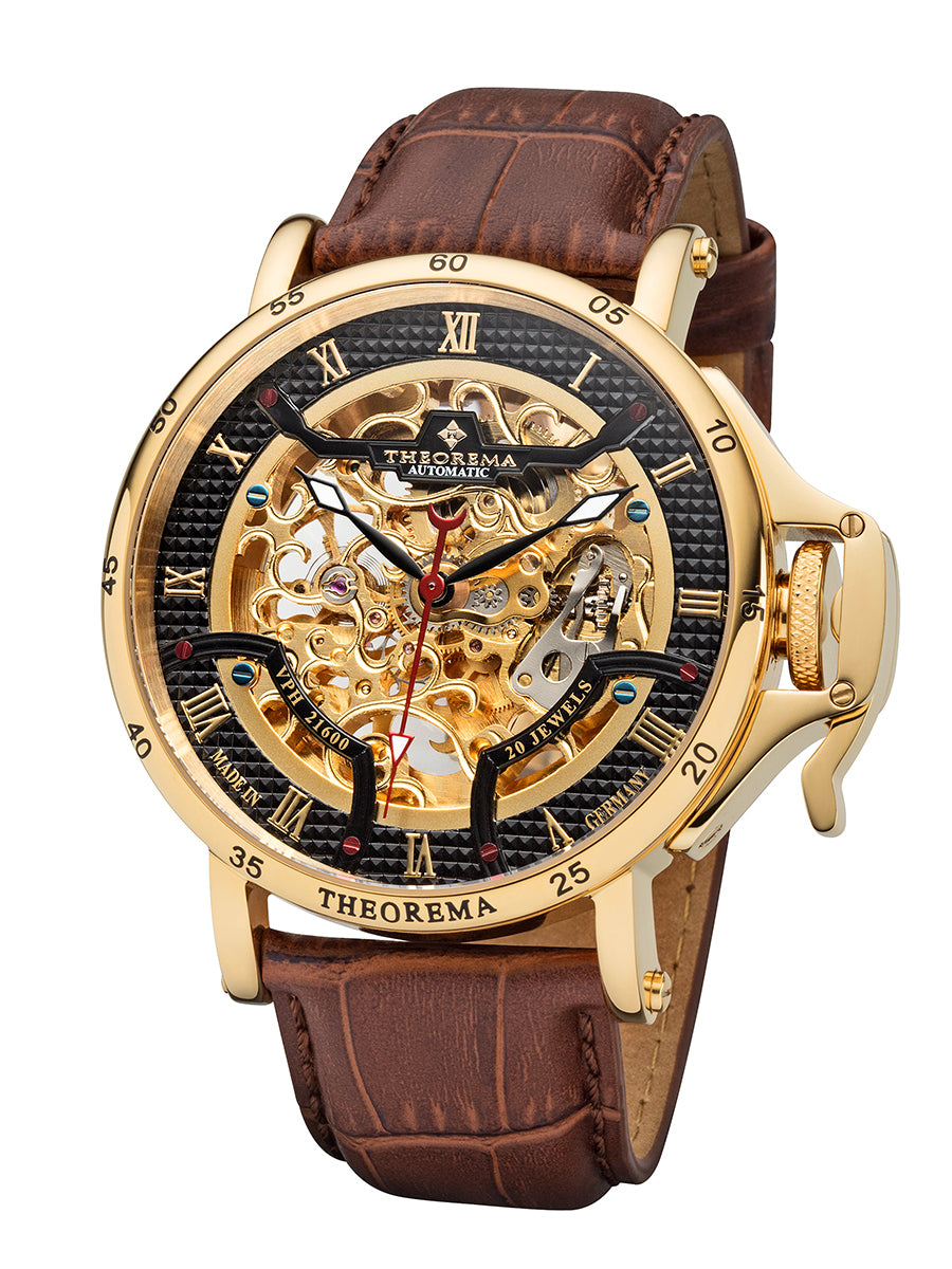 Gold color skeletonized dial with black bezel and roman numerals