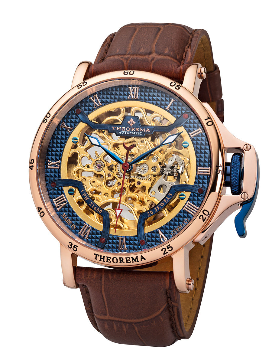 Gold color skeletonized dial with blue bezel and roman numerals