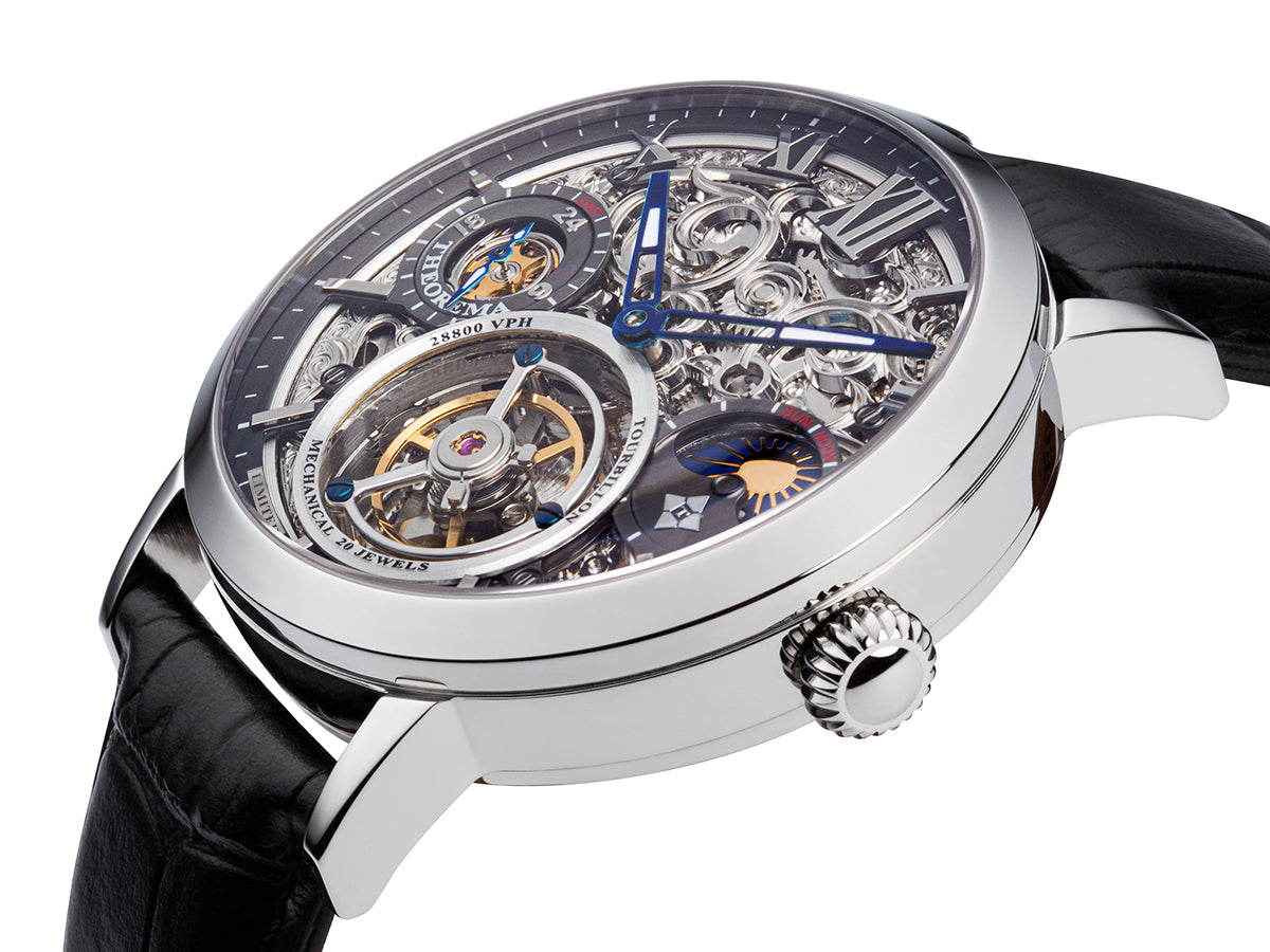 Skeletonized hands and roman numerals on the dial with silver round crown.