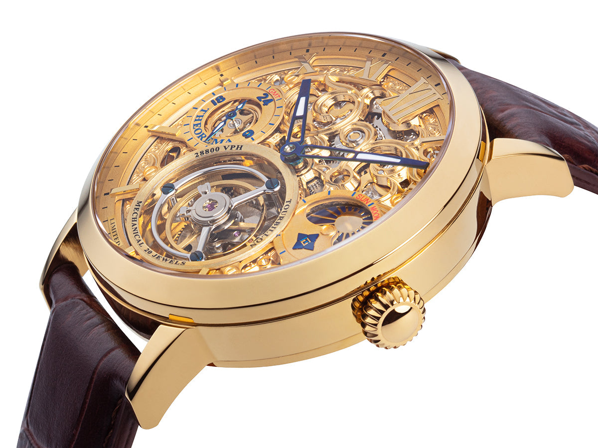 Skeletonized hands and roman numerals on the dial with gold plated round crown.