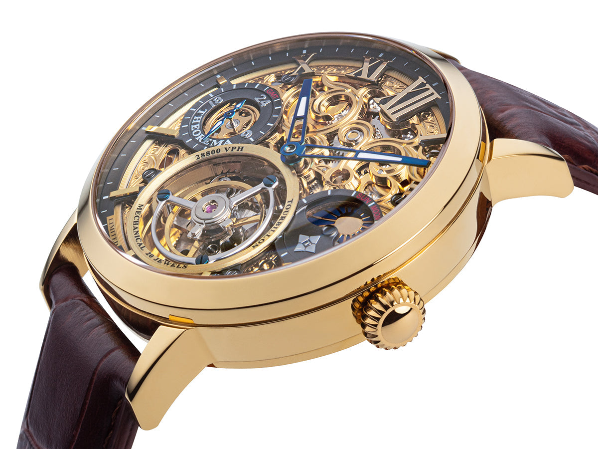 Skeletonized hands and roman numerals on the dial with gold plated round crown.