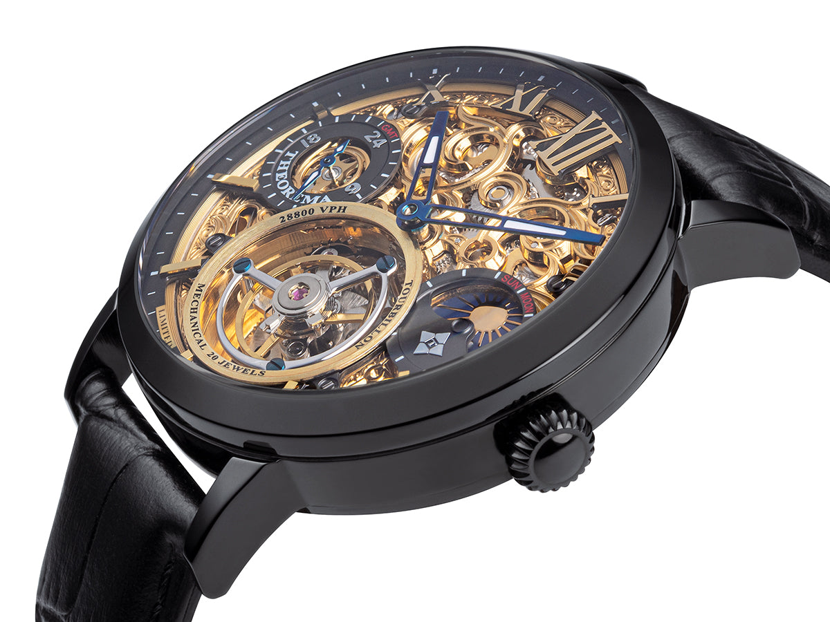 Skeletonized hands and roman numerals on the dial with black round crown.