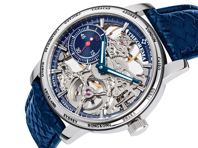 Blue sub-dial with the main dial being skeletonized and see through.