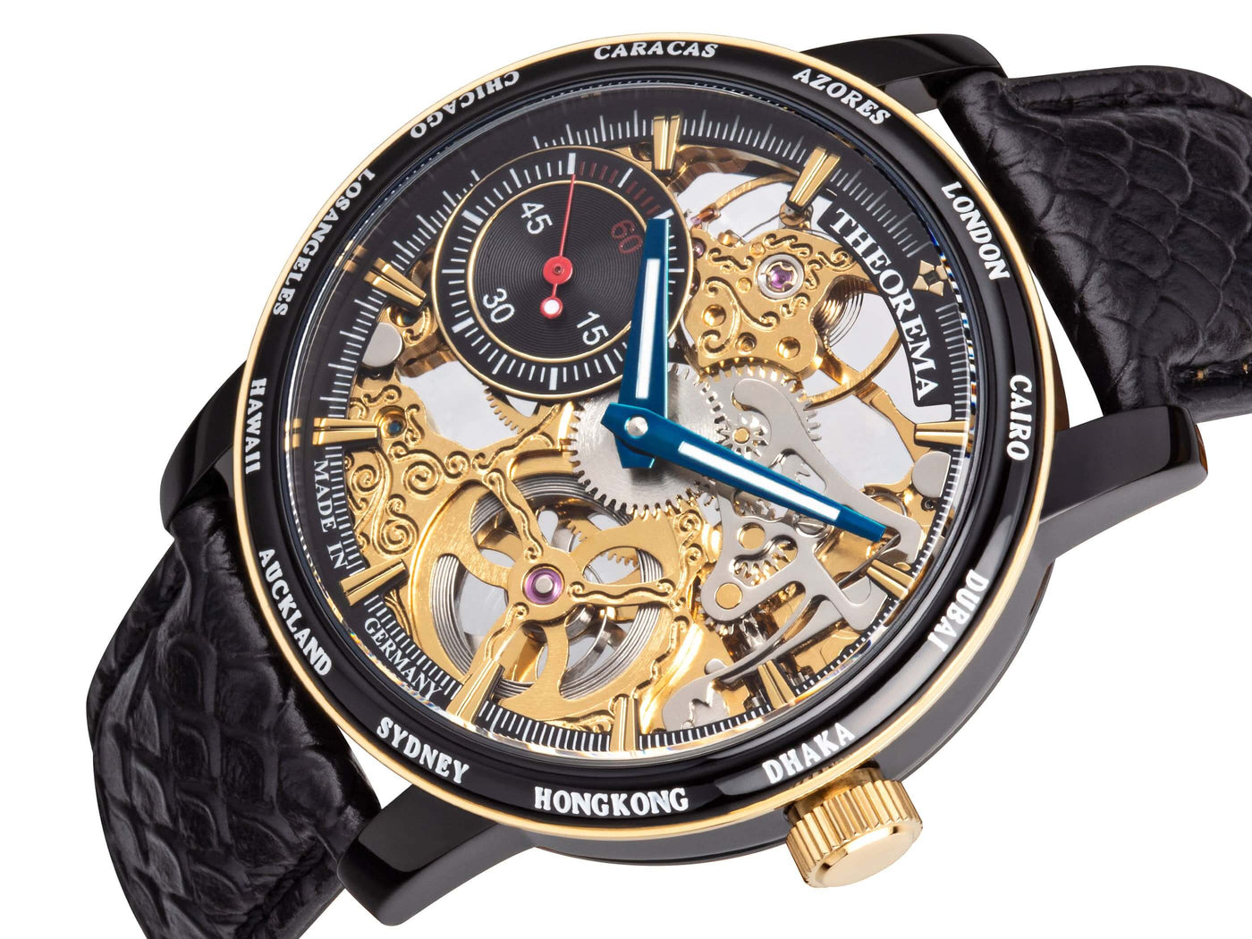 Gold skeletonized dial with a black sub-dial on the left side.