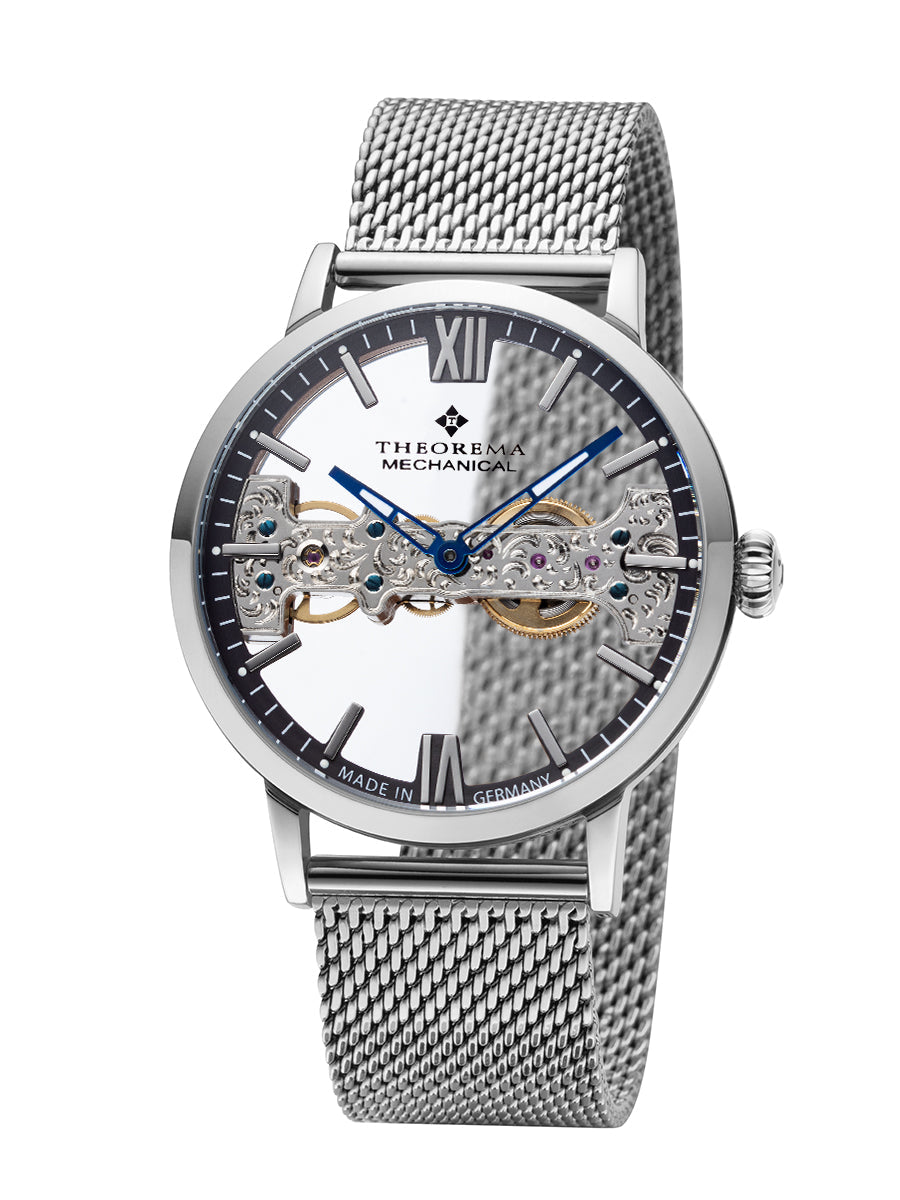 Skeleton silver color watch see through movement with sapphire coated glass.