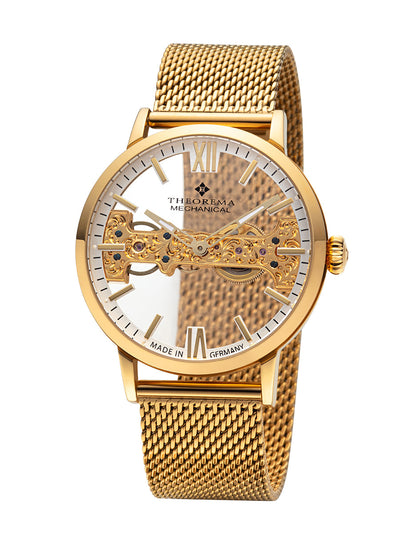 Skeleton gold color watch see through movement with sapphire coated glass.
