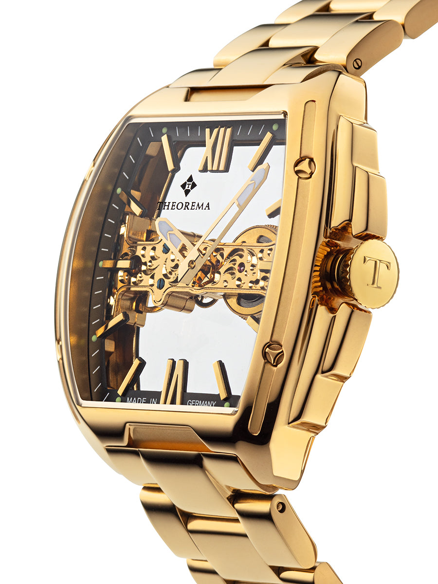 Gold case with gold crown button and a genuine gold color stainless steel band.