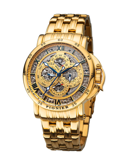 Gold color case with gold and silver dial and Roman numerals with gold bracelet band.