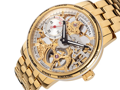 Gold skeletonized dial with a white sub-dial on the left side.