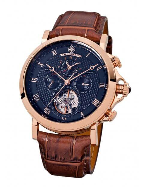 Automatic Macau T3011-9 blue dial with rose case and brown leather band.