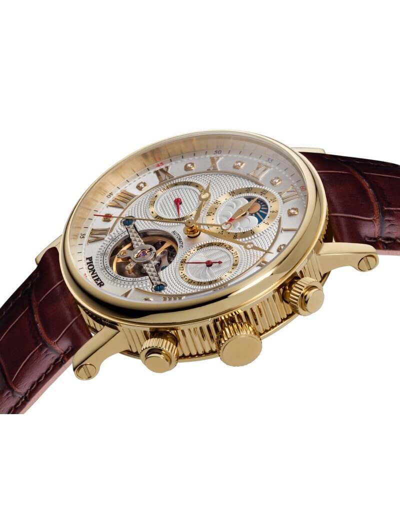 White dial with diamonds and Roman numerals in a gold case color.
