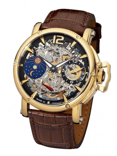 Copacabana Theorema GM-104-2 silver skeleton dial with gold case and brown leather band.