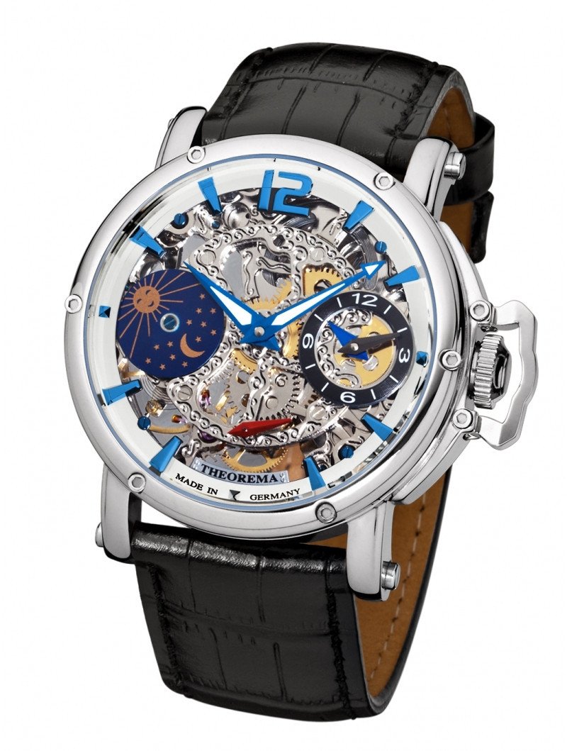 Copacabana Theorema GM-104-5 silver skeleton dial with silver case and black leather band.